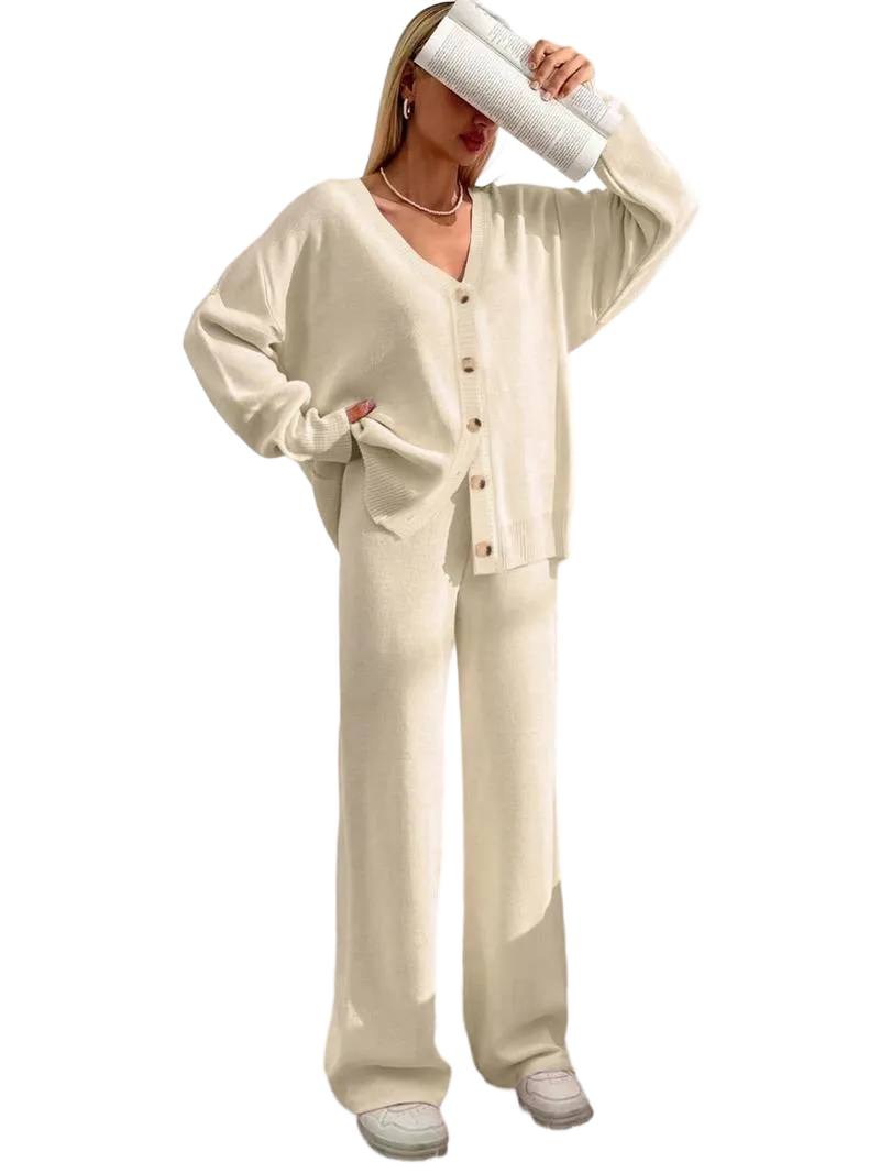 Women's Solid Color Off-Shoulder V-Neck Cardigan & Wide-Leg Pants 2-Piece Loungewear Set