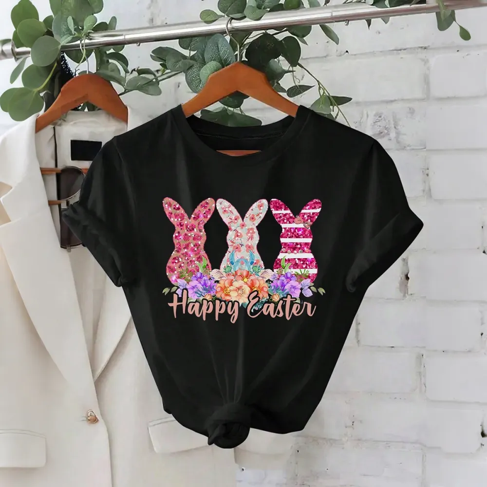 Happy Easter Printed Round Neck Short Sleeve T-Shirt