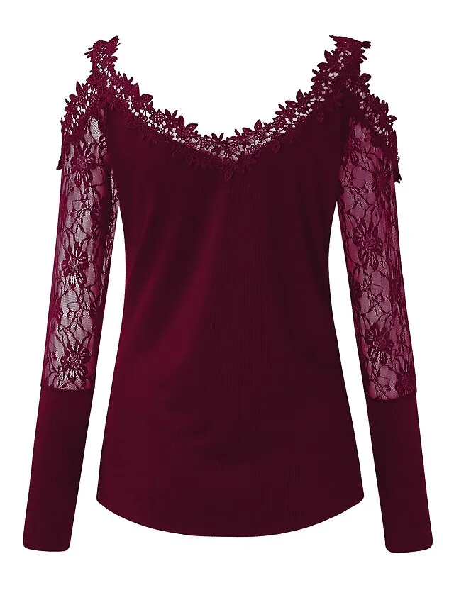 Women's T shirt Tee Going Out Tops Burgundy Tee Plain Casual Weekend Black Wine Blue Lace Cut Out Long Sleeve Basic Off Shoulder V Neck Regular Fit Fall & Winter