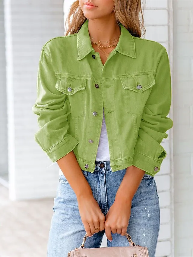 Women's Denim Jacket Outdoor Button Plain Breathable Fashion Regular Fit Outerwear Long Sleeve Fall Light Blue S