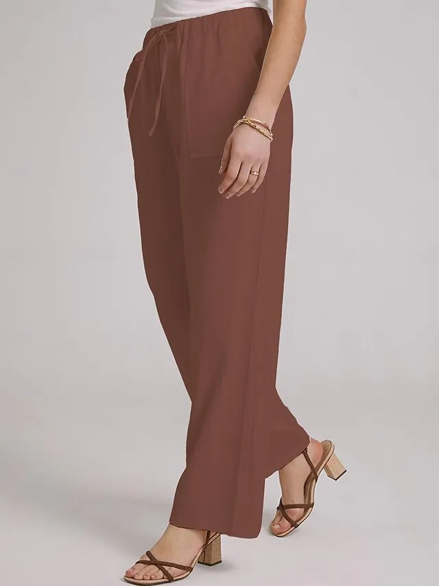 Women's Bootcut Culottes Wide Leg Chinos Cotton Faux Linen Solid Colored Baggy Mid Waist Lightweight Basic Wedding Daily Black White S M Spring &  Fall