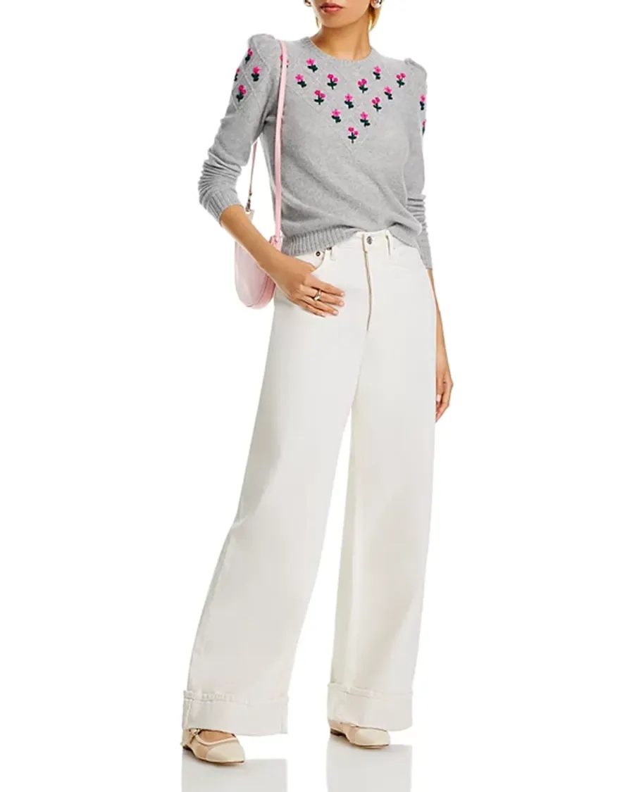Puff Sleeve Embroidered Floral Cashmere Sweater
