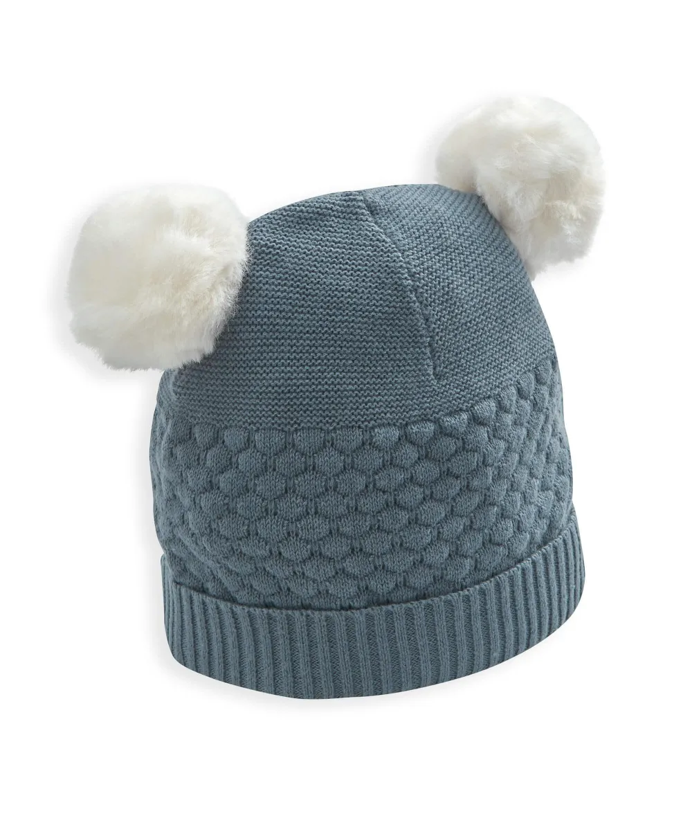 Knitted Pom Pom Hat - Petrol Blue