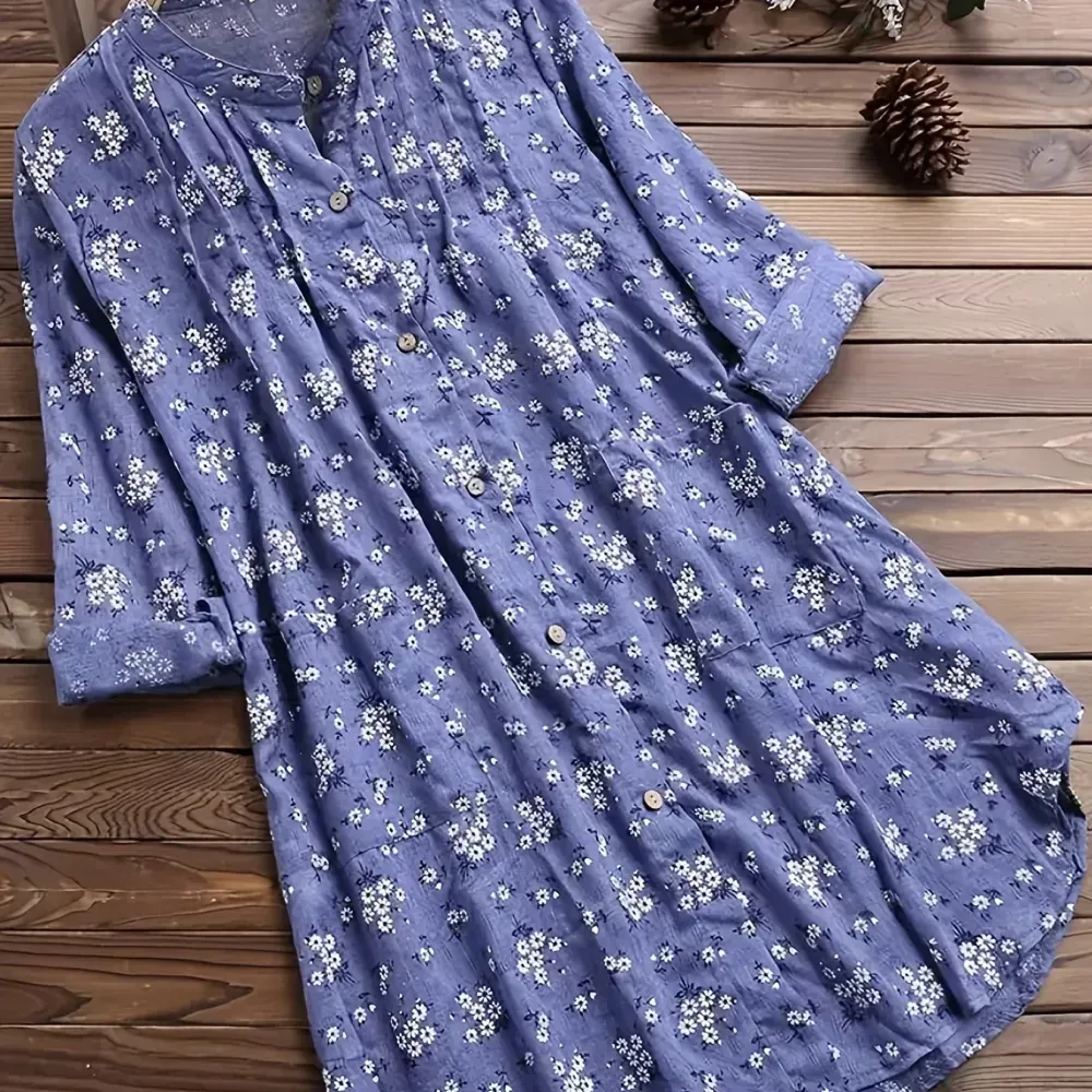 Plus Size Cotton Floral Print Long Sleeve Midi Top, Women's Plus Casual Button Front T-shirt
