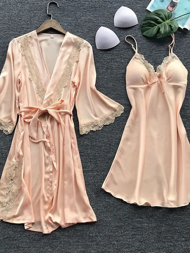 Women's Pajamas Bathrobe Robes Gown Nightgown 2 Pieces Pure Color Hot Comfort Soft Home Daily Bed Satin Breathable V Wire Half Sleeve Summer Spring Silver Yellow