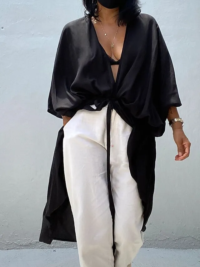 Women's Swimwear Cover Up Beach Top Normal Swimsuit Lace up Pleated UV Protection Pure Color Black White Red Royal Blue Beige V Wire Bathing Suits New Vacation Holiday