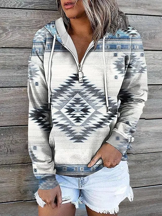 Women's Hoodie Sweatshirt Pullover Vintage Sports Basic Zipper Drawstring Front Pocket Light Yellow Creamy-white smoke grey Geometric Tribal Aztecs Street Casual Hoodie Long Sleeve Top Micro-elastic