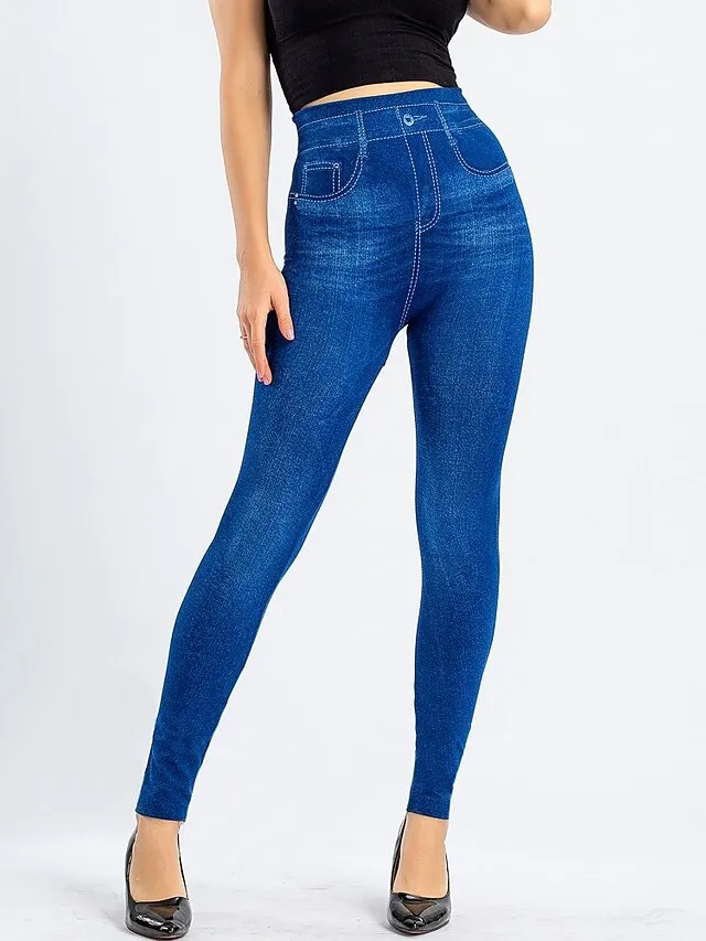 Women's Leggings Faux Denim Ankle-Length Stretchy High Waist Fashion Casual Weekend Black Blue S M