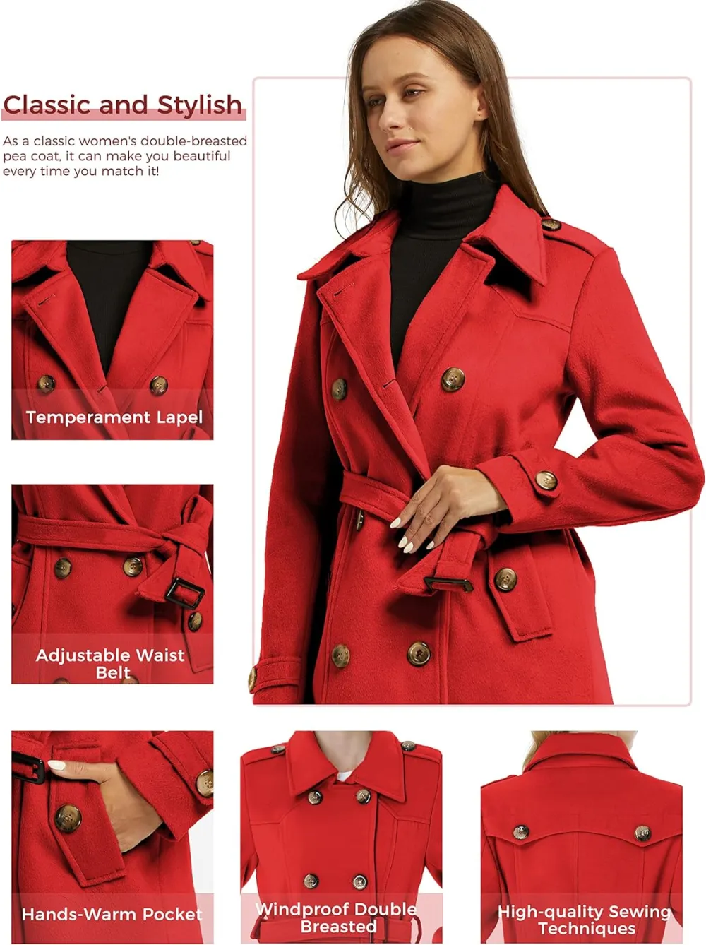 Women's Double Breasted Pea Coat Winter Mid-Long Trench Coat with Belt