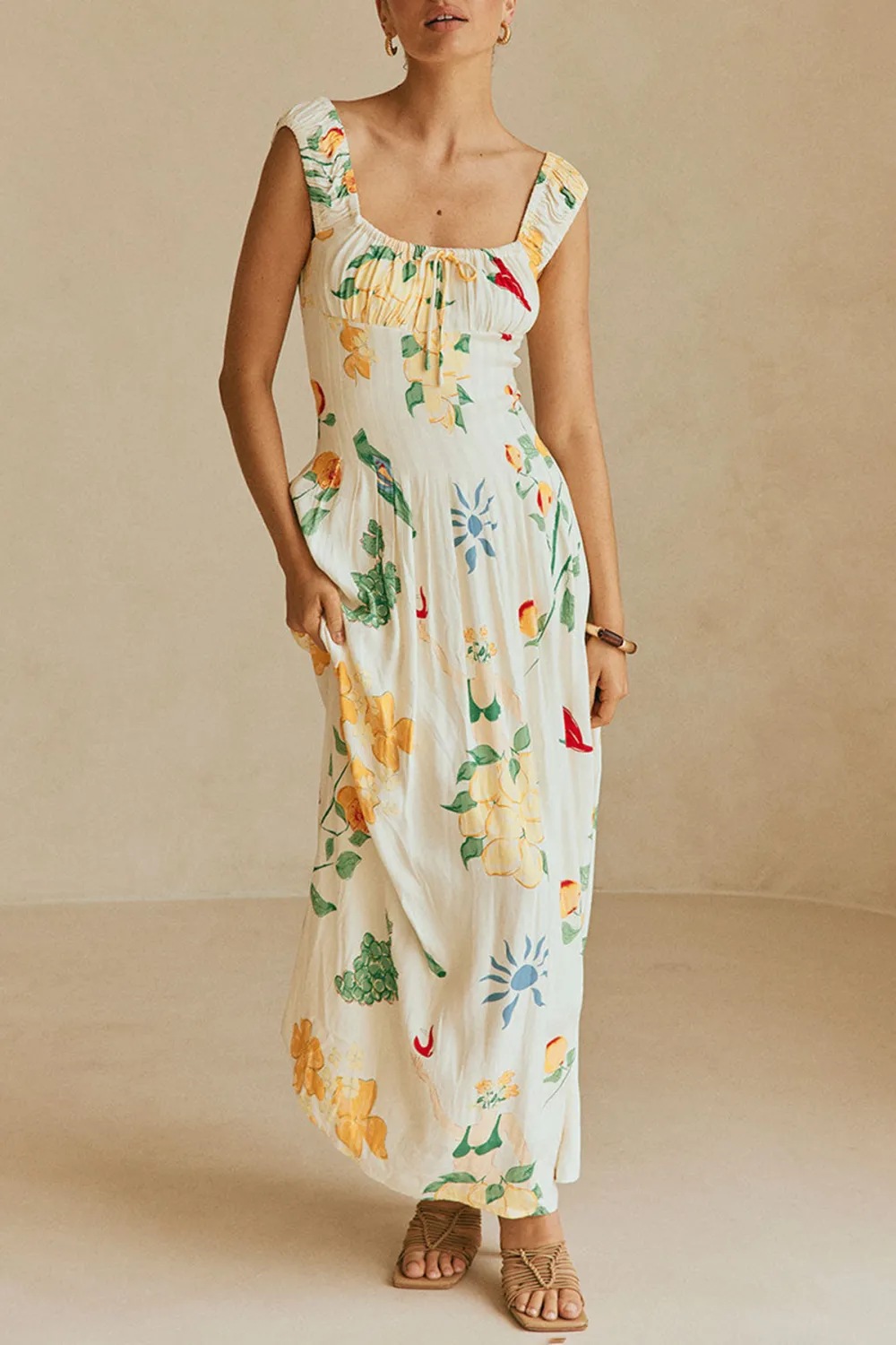 Square Neck Floral Print Maxi Dress