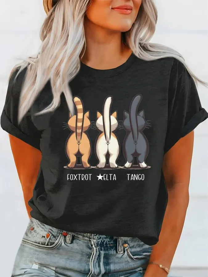 Women'S T-Shirt Female Cat FDT Print Casual T-Shirt Pattern Printed Pure Cotton Round Collar
