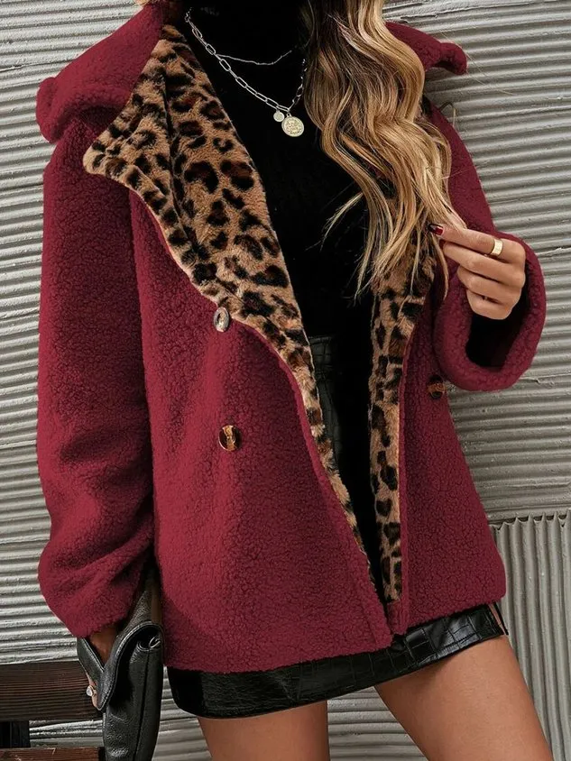 Loose Leopard Fluff/Granular Fleece Fabric Teddy Color Block Jacket