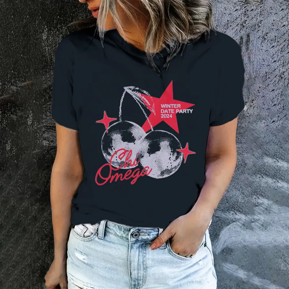 Retro Vintage Disco Ball Cherries Halftone Sparkles Star Script Winter Date Party Crew Neck T-shirt 02