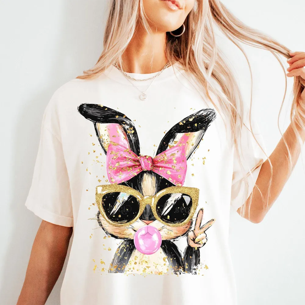 Easter Shiny Bunny Say Hi Printed Round Neck Short Sleeve T-Shirt