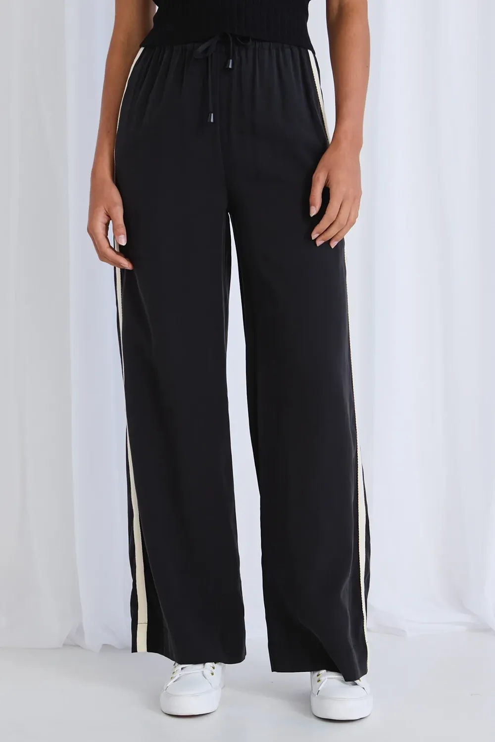 Elastic Waist Draw String Stripe Wide Leg Pants