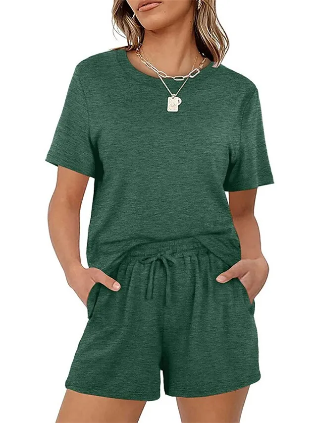Women's Loungewear Sets Nighty 2 Pieces Pure Color Simple Comfort Home Street Cotton Crew Neck Short Sleeve T shirt Tee Shorts Spring Summer Green Blue