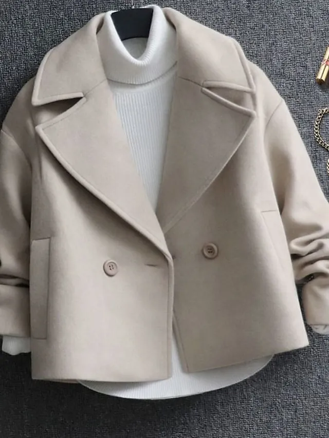 Women's Wool Blend Coat Witer Double Breasted Lapel Pea Coat Fall Crop Over Coat Windproof  Warm Jacket Long Sleeve Solid Color Black Beige