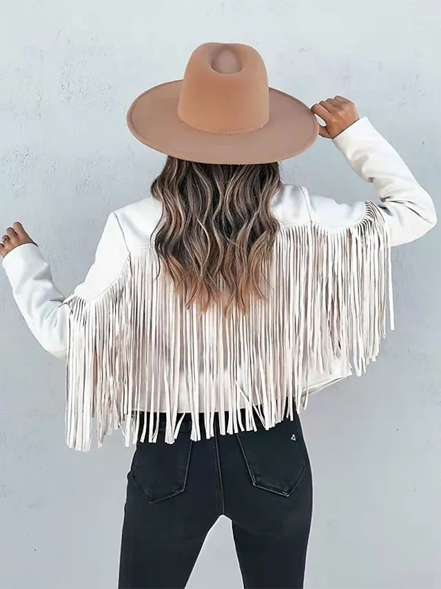 Women's Casual Jacket Going out Fall Tassel Fringe Rusty Regular Coat Regular Fit Breathable Bohemian Style Jacket Long Sleeve Solid ColorWhite Black