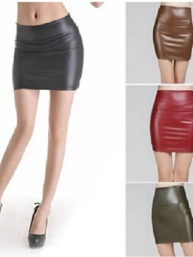 Women's Pencil Bodycon Work Skirts Mini Faux Leather Black Red Brown Skirts Spring High Waist Sexy Daliy S M L