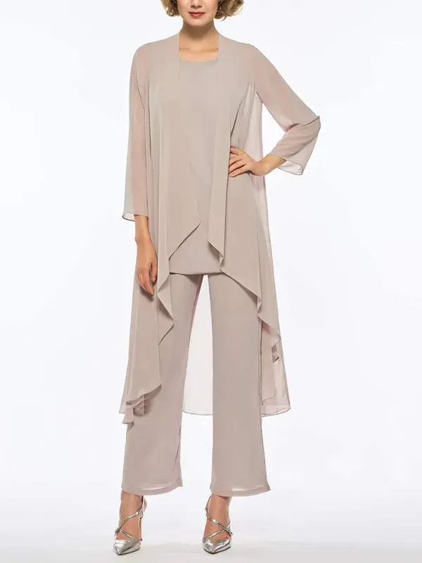 Round neck solid color vest long sleeve top trousers three-piece suit