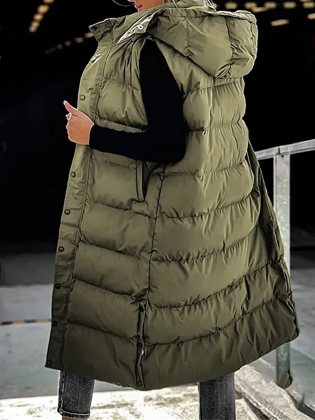 Women's Puffer Vest Long Winter Coat Sleeveless Hooded Jacket Thermal Warm Parka Windproof Gilet Zipper Outerwear Fall