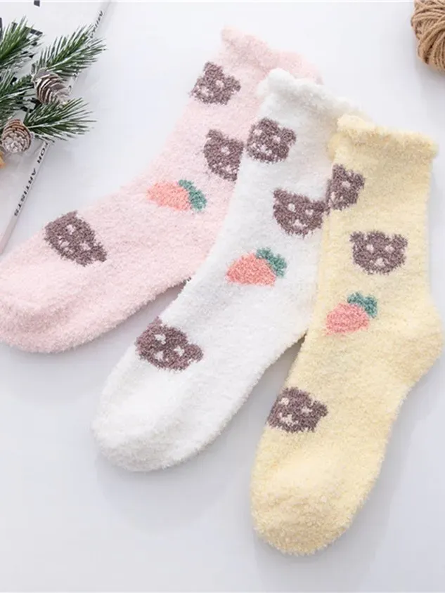 Polka-dot Bear Heart-shaped Graphics Warm Plus Velvet Coral Fleece Floor Socks