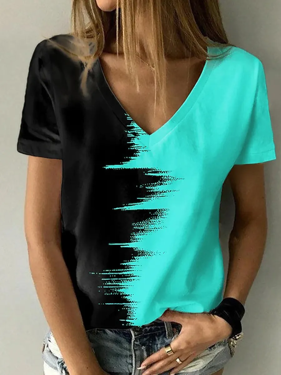 Printed V-Neck Short Sleeve T-Shirt