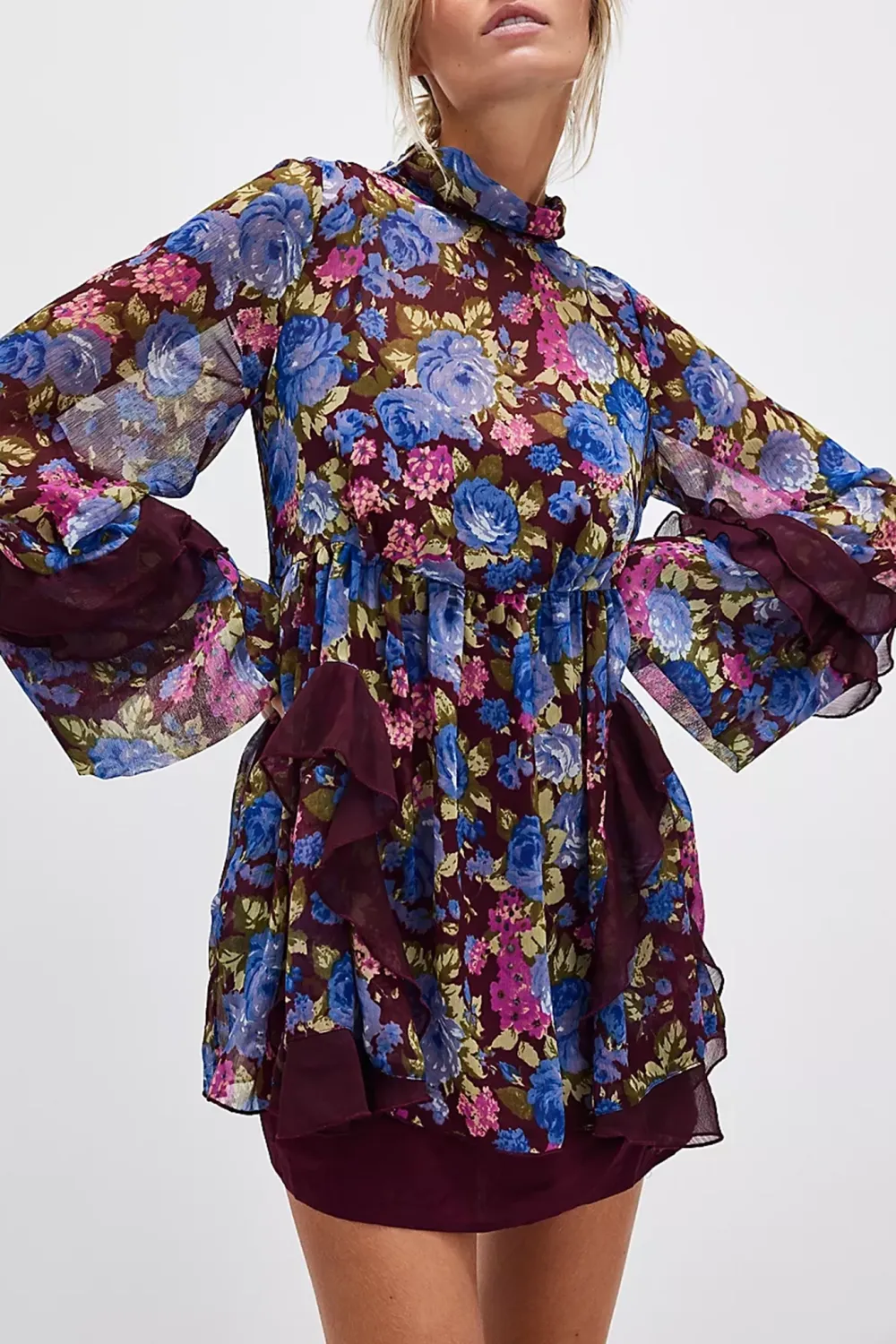 High Neck Lantern Sleeve Floral Mini Dress
