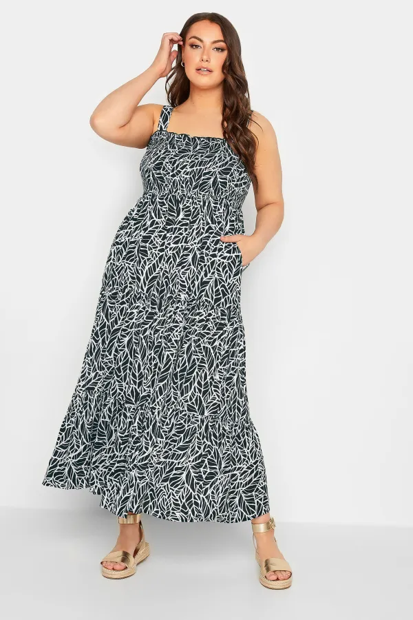 YOURS Curve Black Leaf Print Shirred Maxi Dress