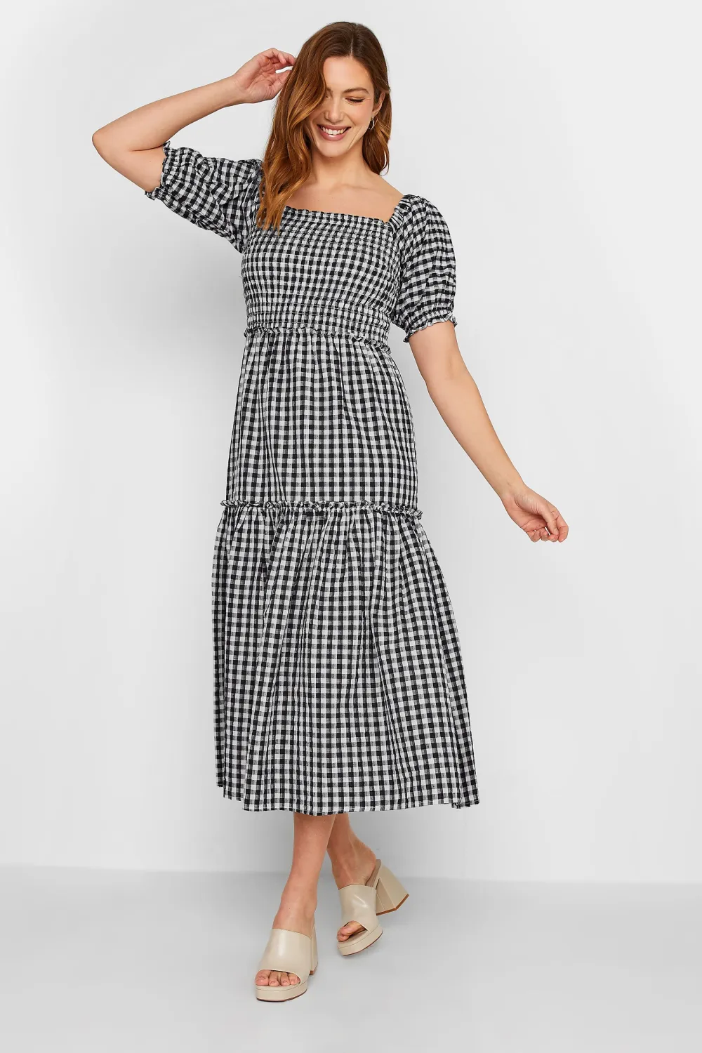 LTS Tall Black Gingham Shirred Midi Dress