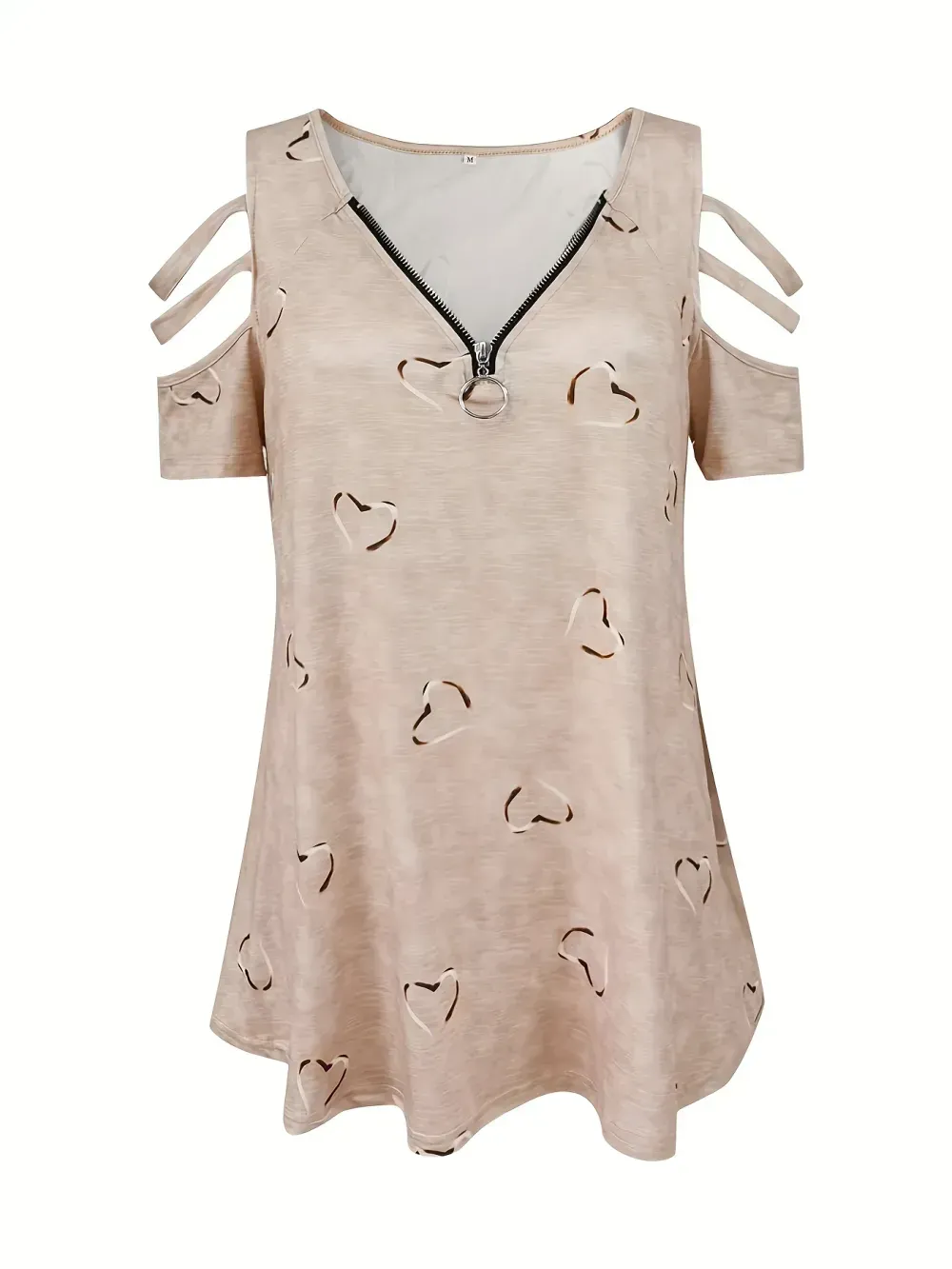 Plus Size Heart Print Zipper Short Sleeve Top, Women's Plus Slight Stretch V Neck Casual T-shirt