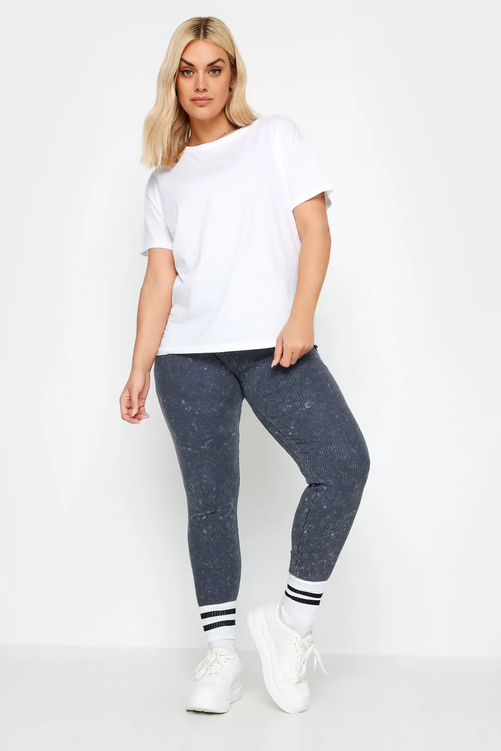YOURS Curve Khaki Green Acid Wash Ribbed Leggings