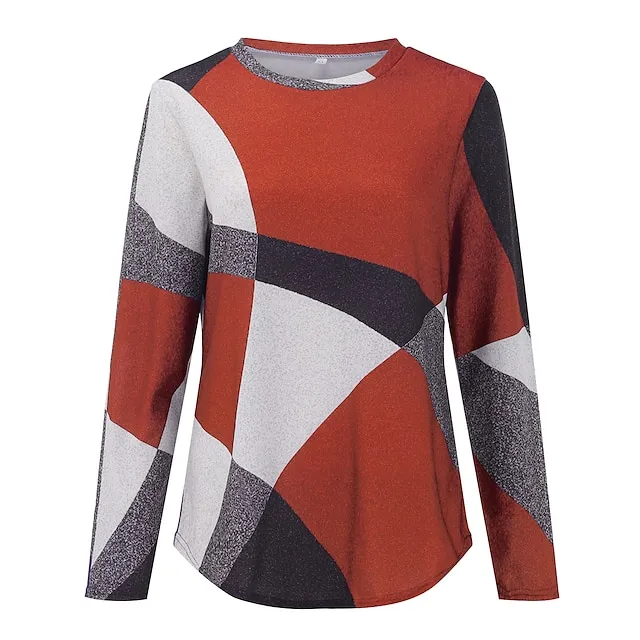 Women's T shirt Tee Red Blue Purple Geometic Color Block Office Basic Round Neck Fall Winter Fall & Winter