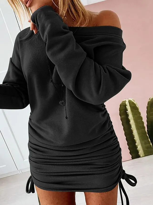 Women‘s Casual Dress Shift Dress Sheath Dress Mini Dress Black White Green Long Sleeve Pure Color Ruched Fall One Shoulder Elegant Winter Dress Fall Dress 2023 S M L XL