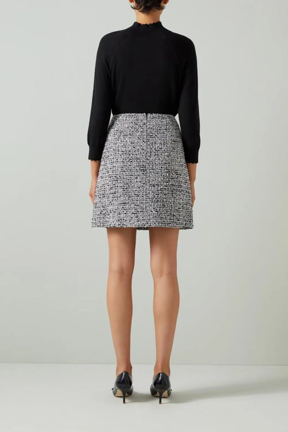 Black Cream Tweed Pocket Detail Mini Skirt