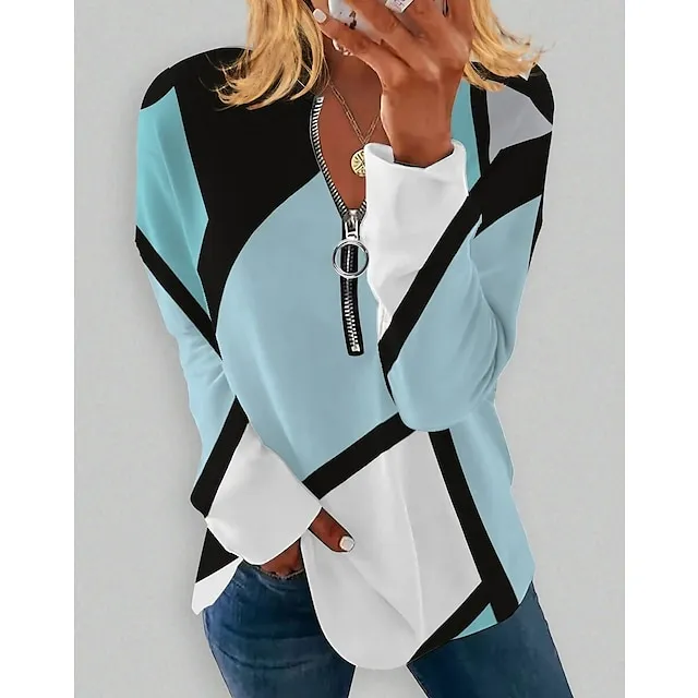 Women's Plus Size Sweatshirt Pullover Graphic Color Block Active Streetwear Quarter Zip Print White Blue Purple Daily Sports V Neck Long Sleeve Without Lining Micro-elastic Fall & Winter