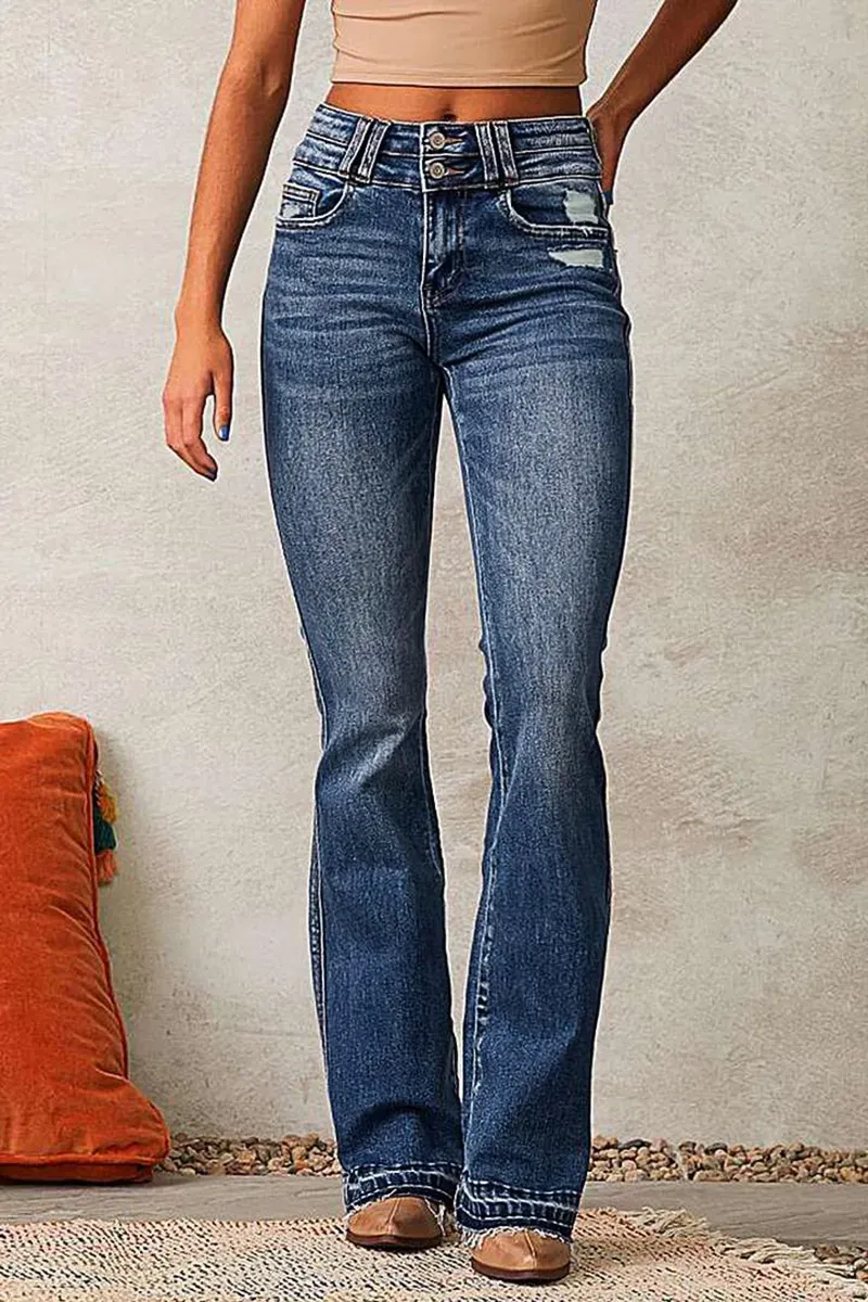 Dual Button Ripped Raw Hem High Rise Bootcut Jeans