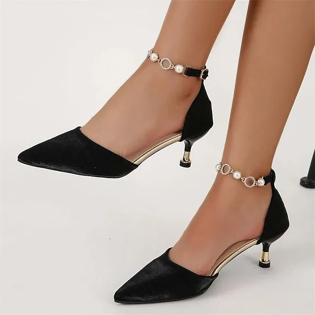 Women's Heels Sandals Heel Sandals Plus Size Ankle Strap Sandals Daily Club Summer Rhinestone Imitation Pearl Stiletto Heel Pointed Toe Elegant Sexy Satin Ankle Strap Solid Color Matte Black Black Red