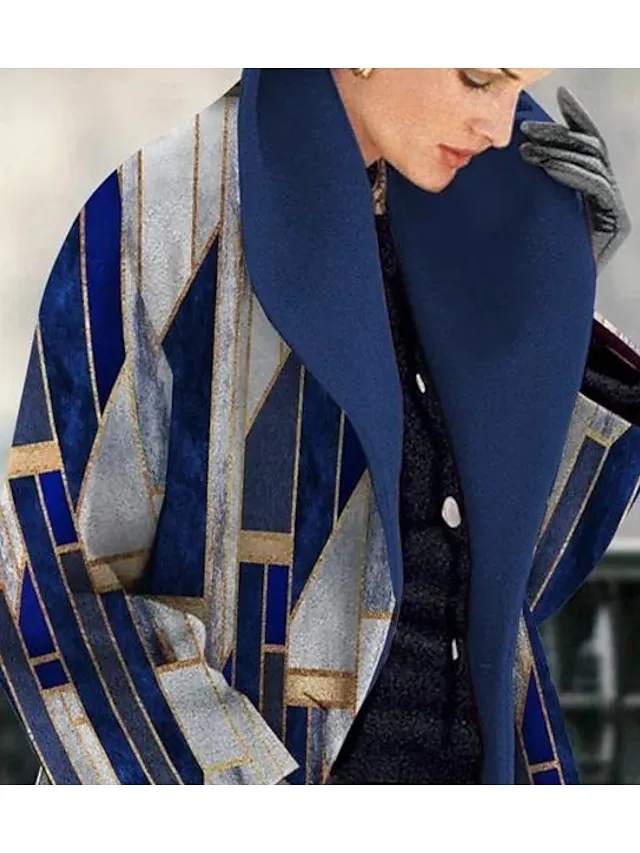 Women's Winter Coat Long Overcoat Single Breasted Lapel Pea Coat Thermal Warm Windproof Trench Coat with Pockets Geometric Print Elegant Oversized Outerwear Fall Outerwear Long Sleeve