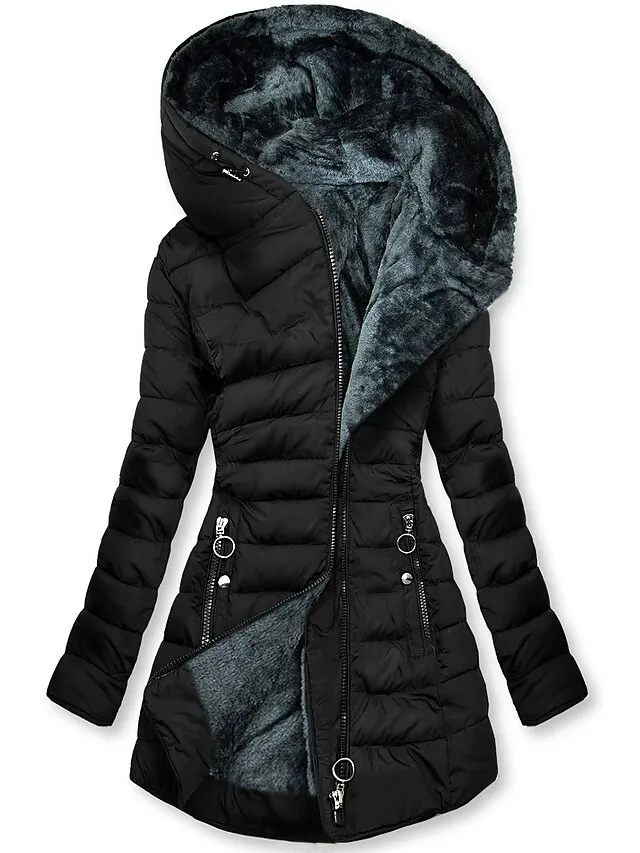 Women's Puffer Jacket Winter Jacket Winter Coat Warm Windproof Street Casual Daily Zipper Pocket Zipper Hoodie Casual Street Style Plain Regular Fit Outerwear Long Sleeve Winter Fall Black Light