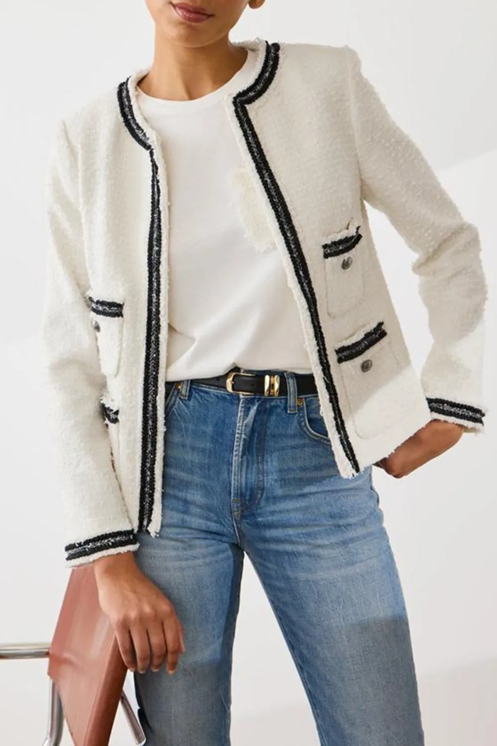 White Tweed Contrast Trim Short Jacket