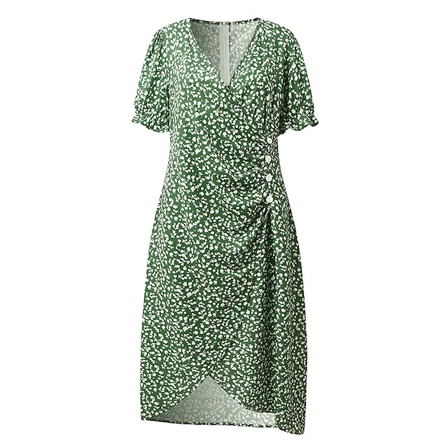 Women's Casual Dress Wrap Dress Floral Dress Floral Button Print V Neck Midi Dress Fashion Classic Daily Holiday Short Sleeve Regular Fit Black Dark Red Yellow Summer Spring S M L XL XXL
