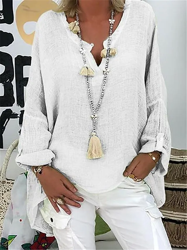 Women's Shirt Blouse Linen Black White Pink Plain Long Sleeve Casual Basic V Neck Regular Fit Spring Fall
