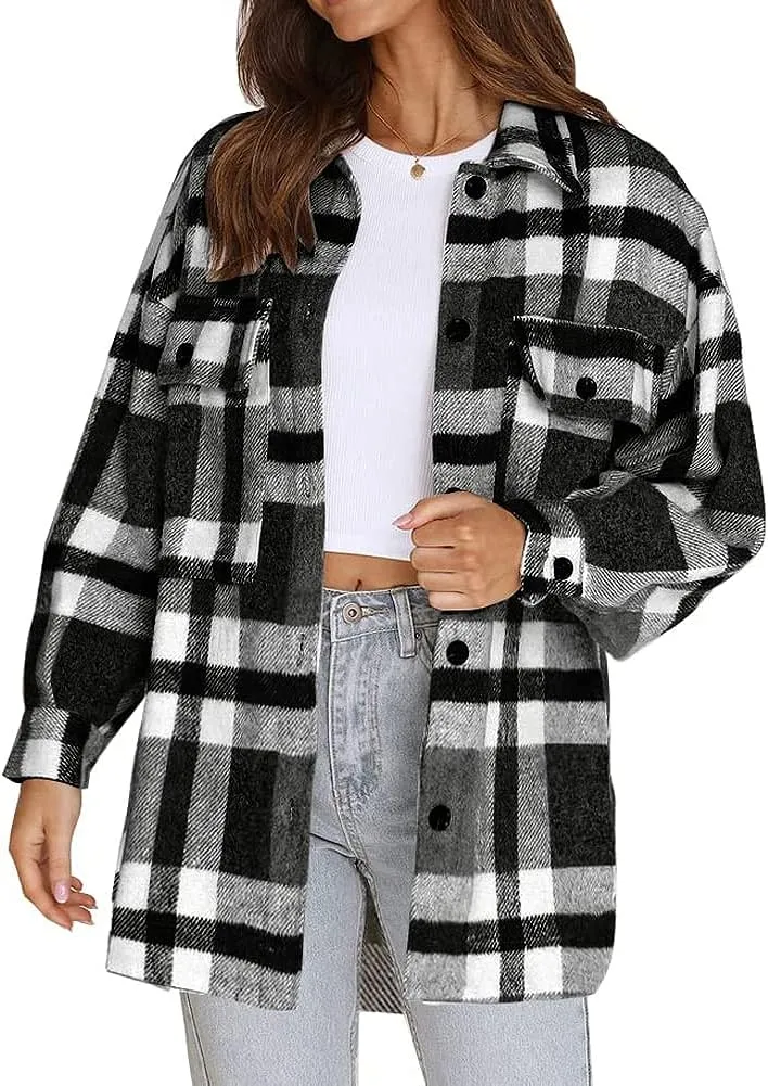 Women's Flannel Plaid Shacket Long Sleeve Button Down Chest Pocketed Shirts Jacket Coats