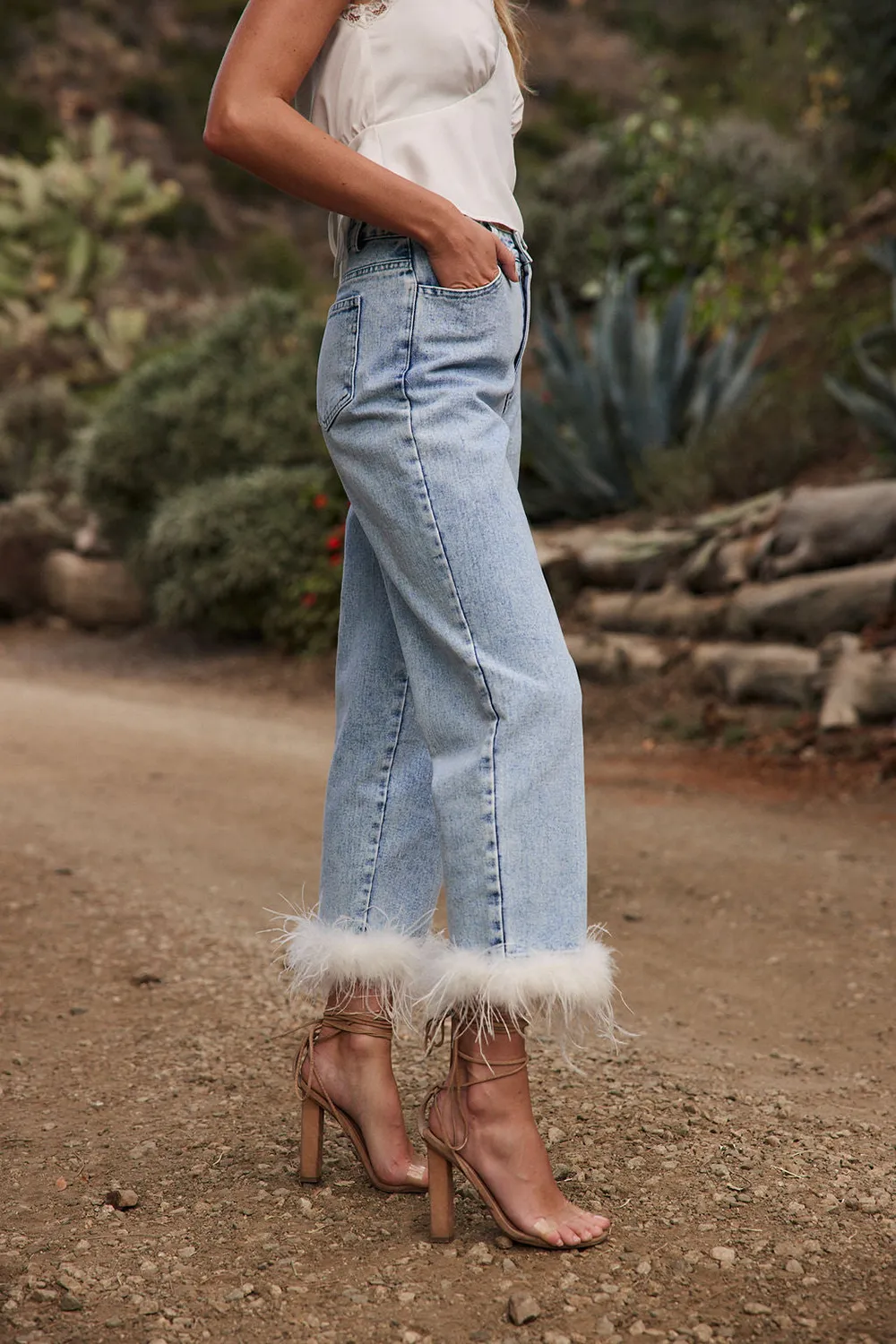 Faux Feather Trim Jeans