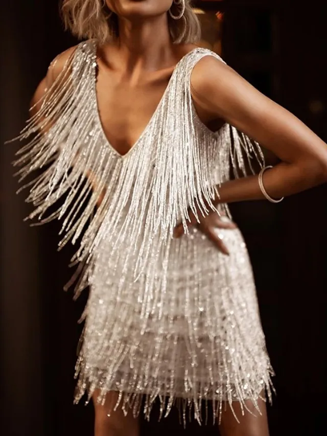 Women‘s Party Dress Fringe Dress Short Mini Dress White Gold Sleeveless Pure Color Tassel Fringe Spring Summer Spaghetti Strap Party Sexy Gatsby Party 2023 S M L XL XXL / Winter