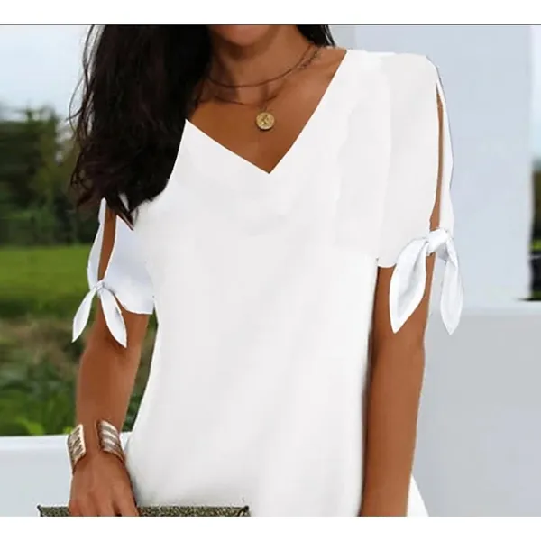 Women's Casual Dress Shift Dress Mini Dress White Short Sleeve Pure Color Bow Spring Summer V Neck Basic Daily Weekend Summer Dress 2023 S M L XL XXL 3XL 4XL
