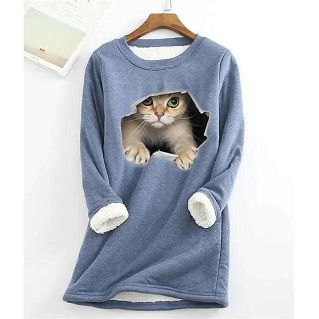 Women's Plus Size Sweatshirt Pullover Cat Teddy Sherpa Fleece Denim Blue Black White Street Casual Round Neck Long Sleeve Top Micro-elastic Fall & Winter