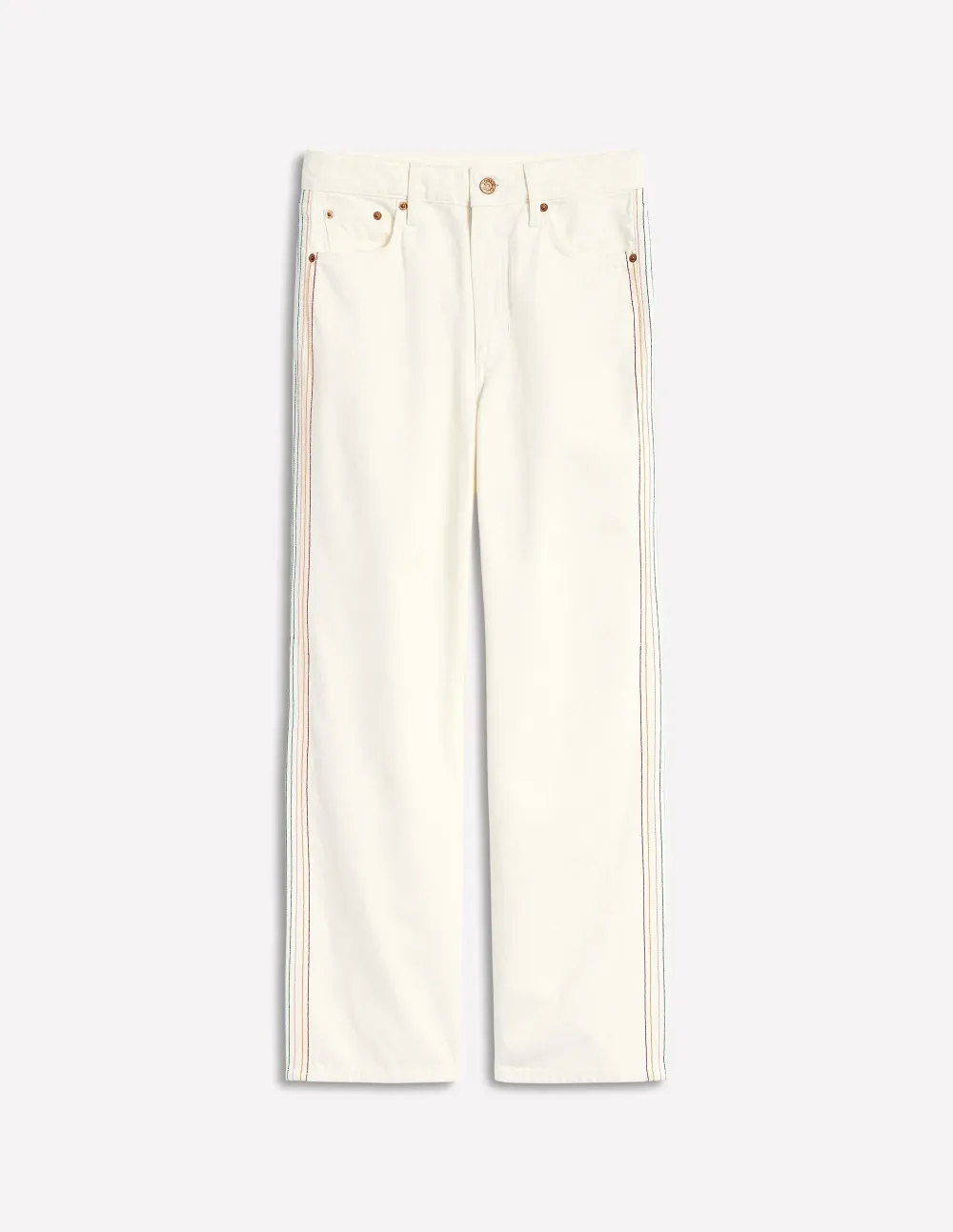 High Rise Straight Crop Jeans -Off White w/ Embroidery