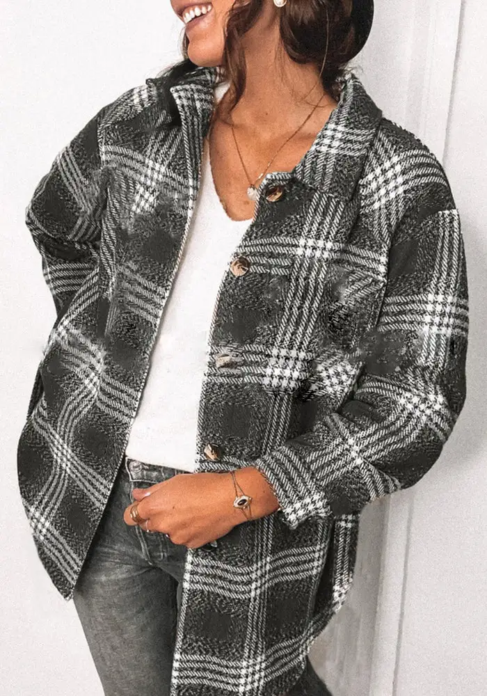 Mitbloom Fashion Lapel Loose Plaid Jacket Tops